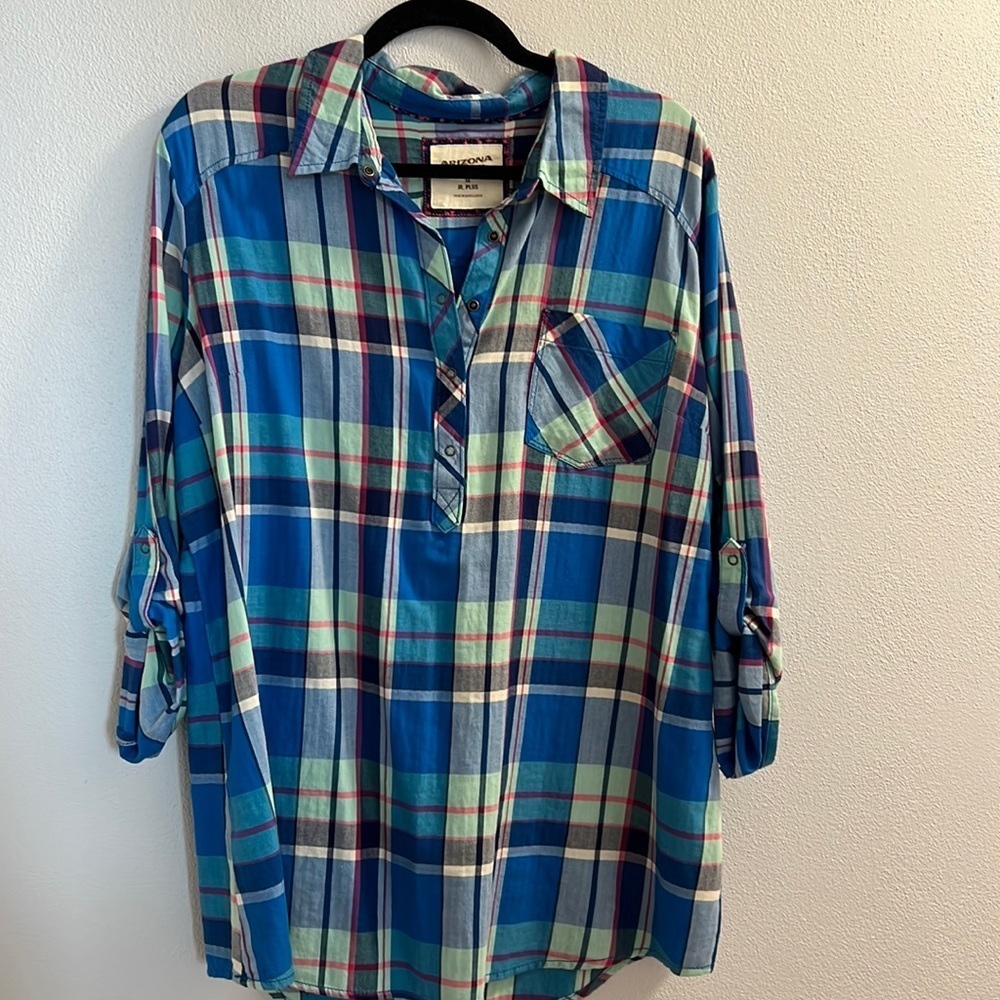 Arizona Jeans Company Blue and Purple Flannel Tunic Shirt size 1X Jr. Plus
